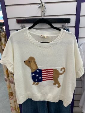 NWT Hem & Thread crewneck short sleeve puppy motif graphic sweater